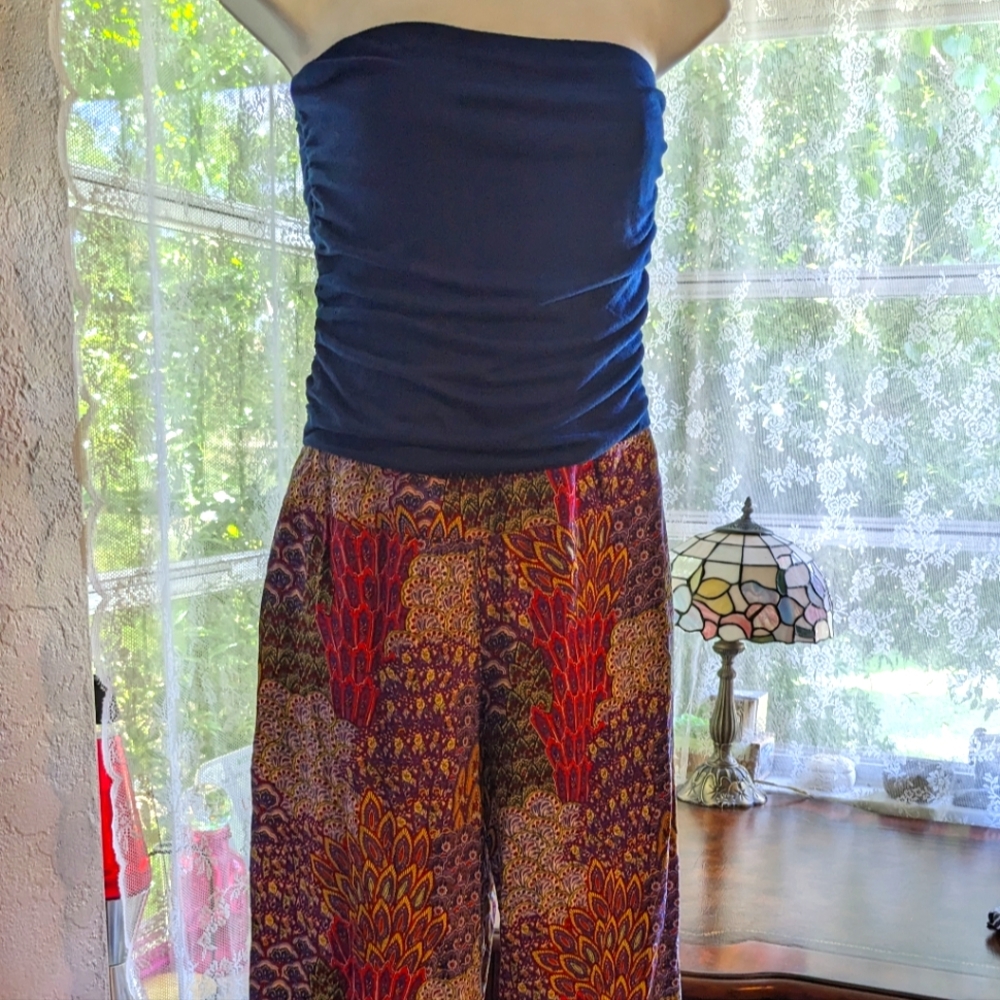 Strapless Romper With Flare Boho Pants Size 5 Very Flattering Colorful 29.5 in